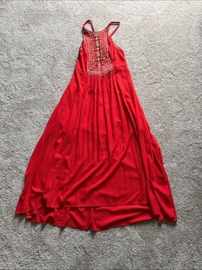 Shyanne Red Embroidered Halter Maxi Dress